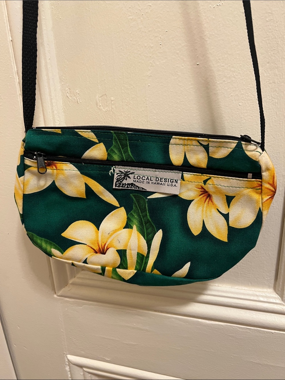 Green Floral Crossbody Bag with Yellow Plumeria